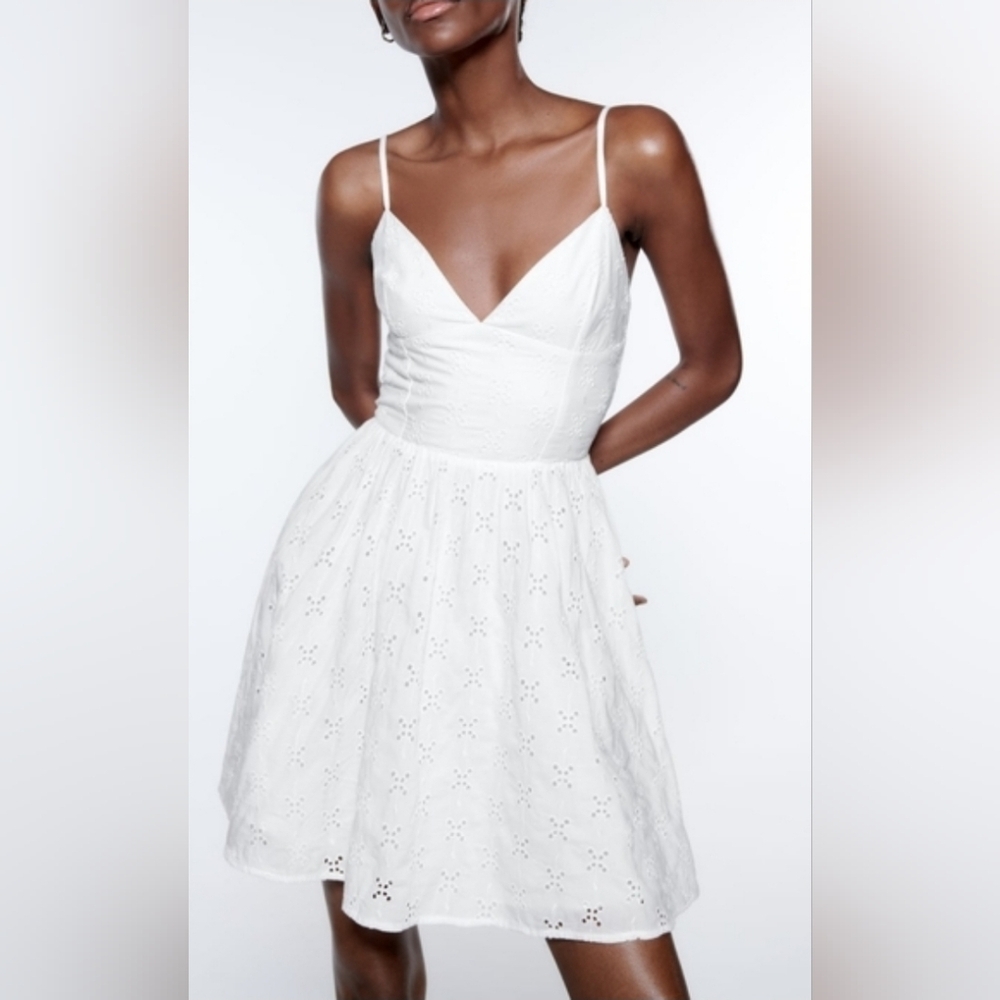 Zara Women's Openwork Embroidered Eyelet Thin Straps White Mini Dress Size S